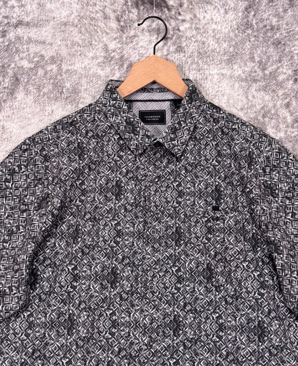 New 7 Diamonds 4 Way Stretch Shirt Large Mens Gray Geometric Short Sleeve